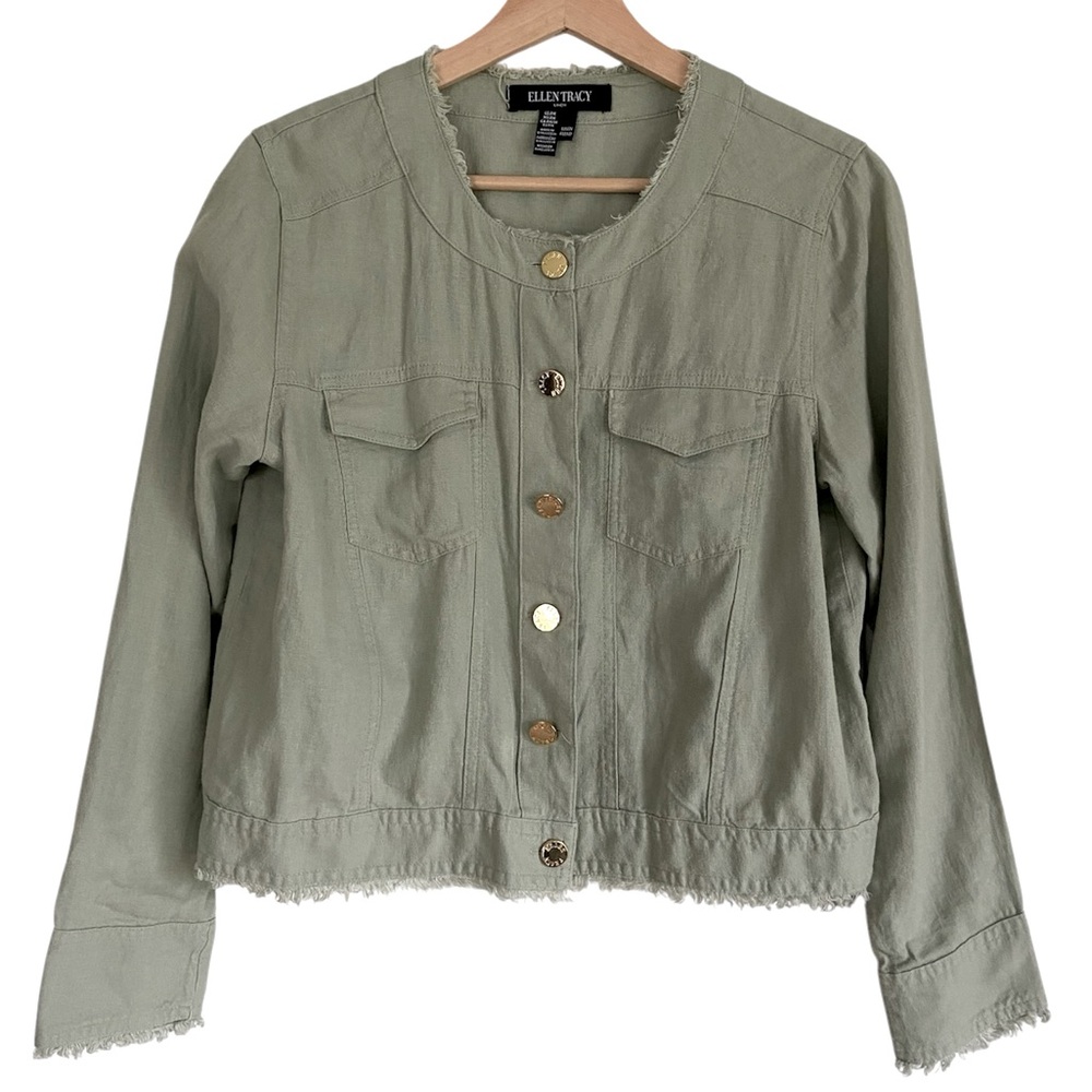 Ellen Tracy Linen Blazer Sage Green Frayed Cottage Coastal Casual Gold Button MP